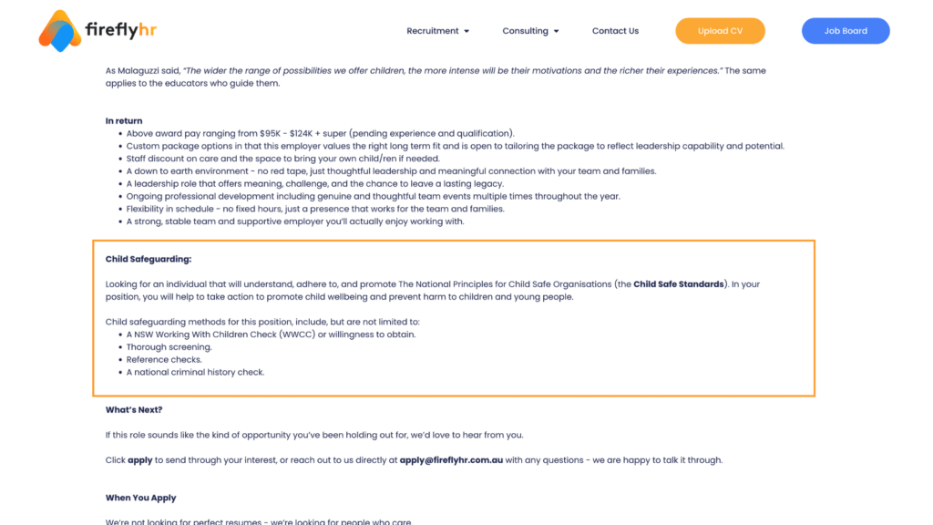 All Firefly HR Job Ads have a child safeguarding section